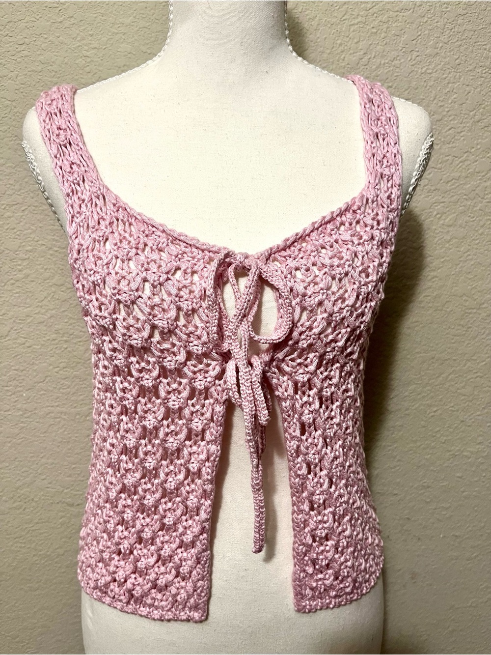 SHEIN Pink Crochet Tie-Front Tank
